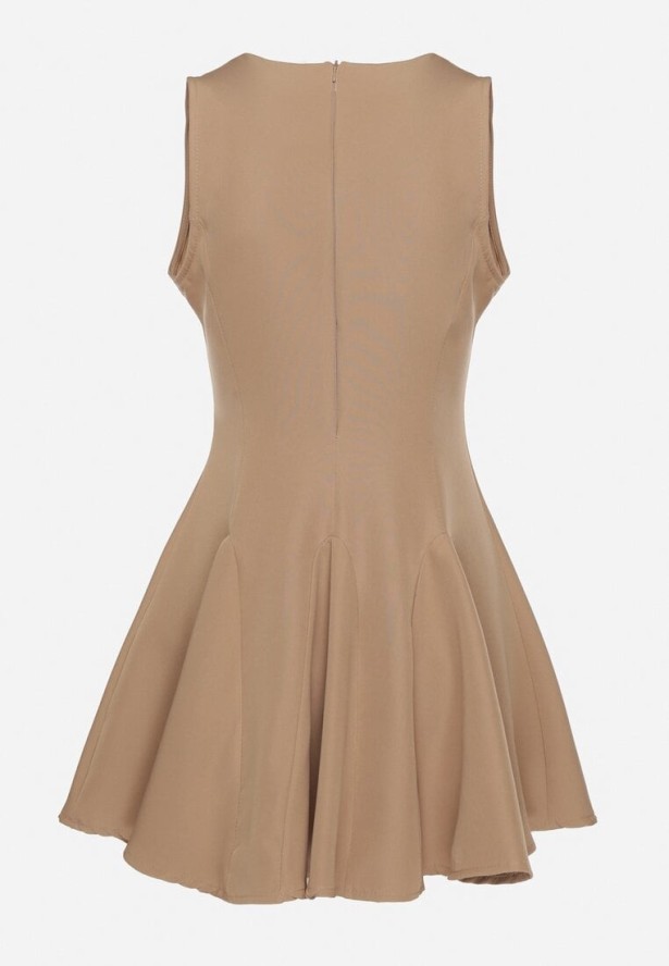 Ciemnobeżowa Rozkloszowana Sukienka Bez Rękawów z Ozdobnymi Wiązaniami Avelkio