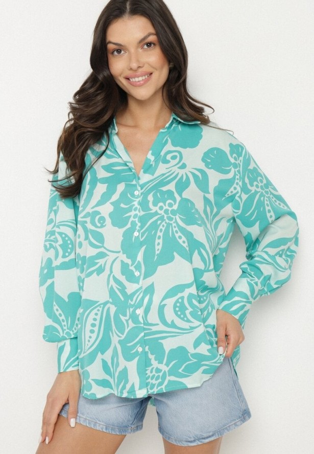 Niebieska Koszula o Luźnym Fasonie w Kwiatowy Wzór Edala