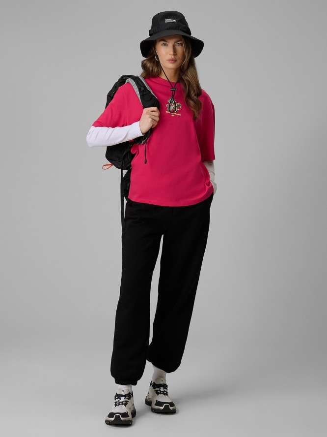 4F T-shirt loose z nadrukiem damski - różowy L