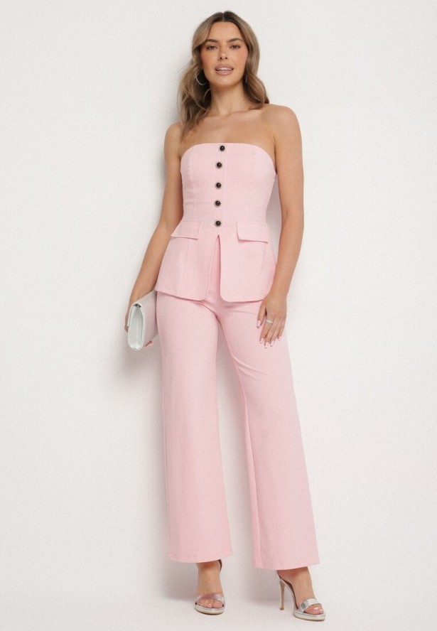Różowy Komplet Top z Baskinką i Ozdobnymi Guzikami i Szerokie Spodnie Palesia