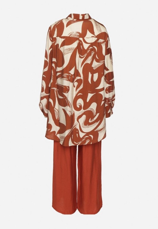 Pomarańczowy Komplet z Wiskozą Koszula i Spodnie w Geometryczny Wzór Nitasenia