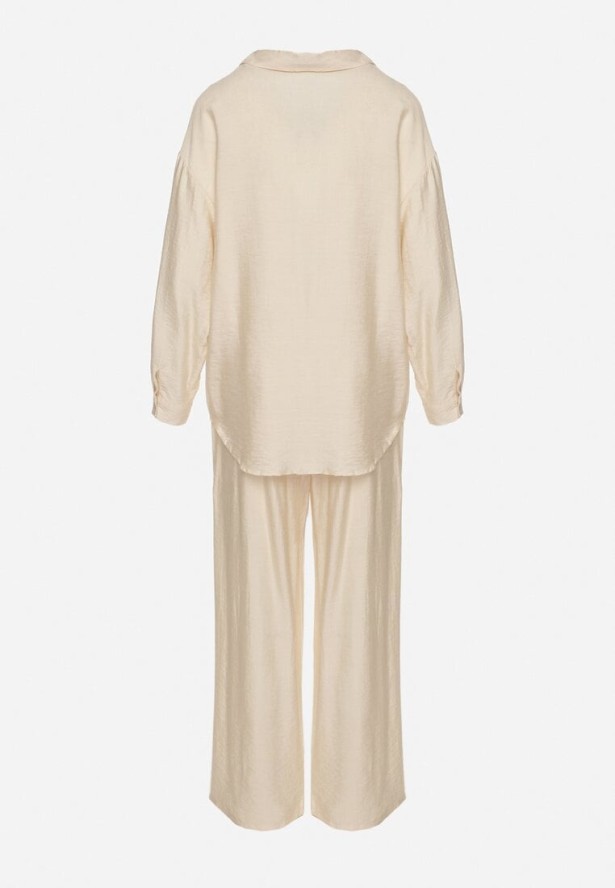 Jasnobeżowy Komplet z Wiskozy Koszula i Spodnie Sesanila