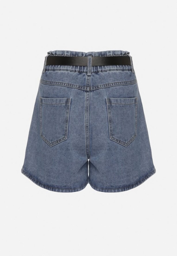 Niebieskie Szorty Jeansowe z Ozdobnymi Przeszyciami Gumką w Talii i Paskiem Alariana