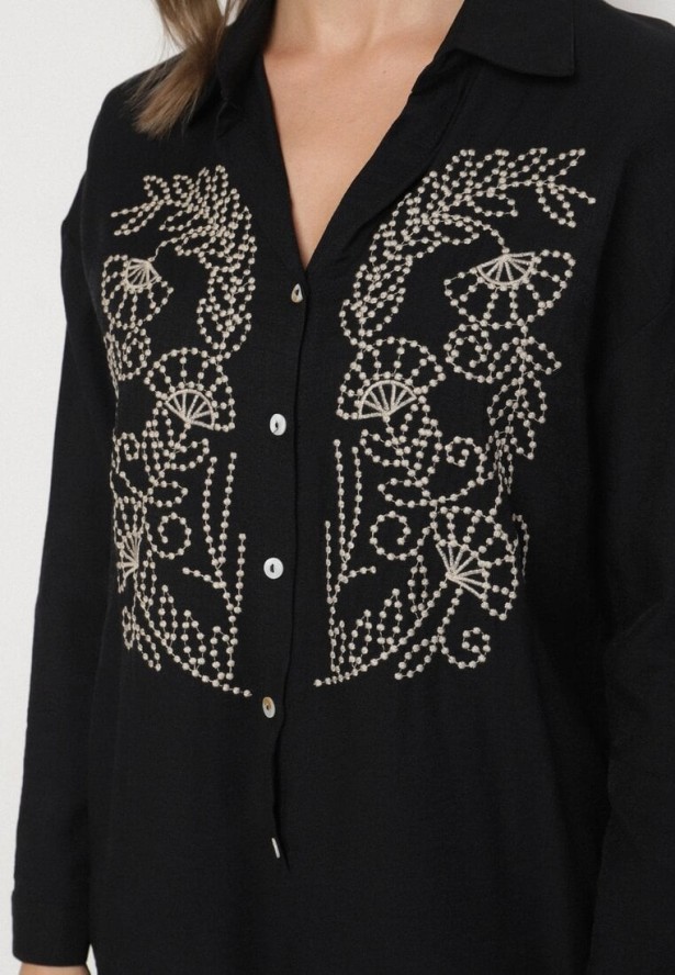 Czarny Komplet z Luźną Koszulą z Haftem i Szerokimi Spodniami z Wiskozą Ivelabia