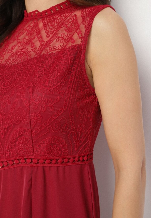 Bordowy Kombinezon Bez Rękawów z Szeroką Nogawką i Siateczkowymi Zdobieniami Nalavie