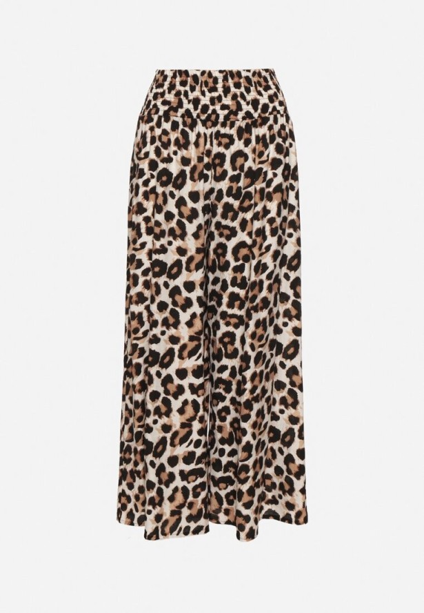 Czarno-Beżowe Wiskozowe Spodnie Szerokie z Wysokim Stanem z Panterką Elliree