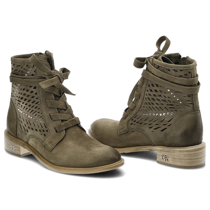 Zielone Botki Carinii Modne Skórzane Buty Damskie