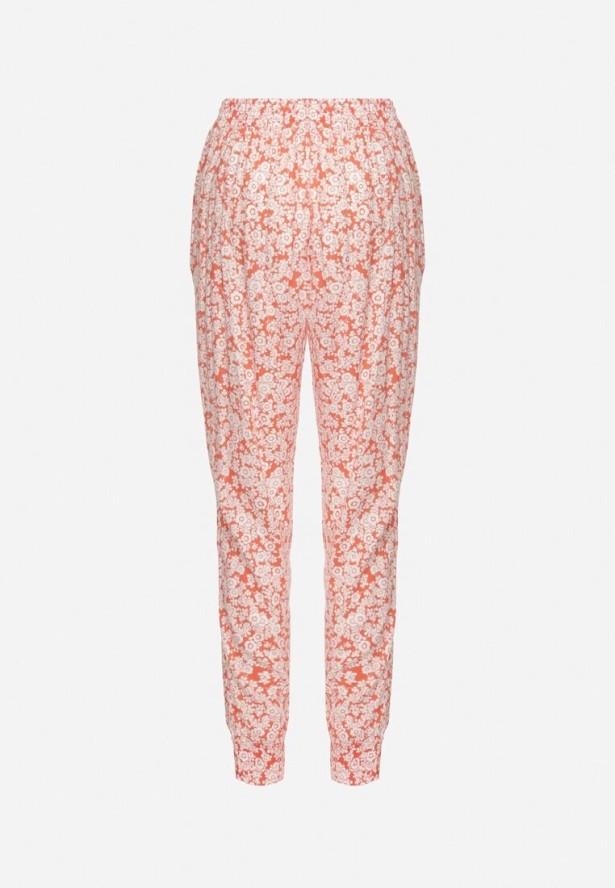 Pomarańczowe Kwiatowe Spodnie z Wiskozy Wykończone Gumką w Talii Rivattha