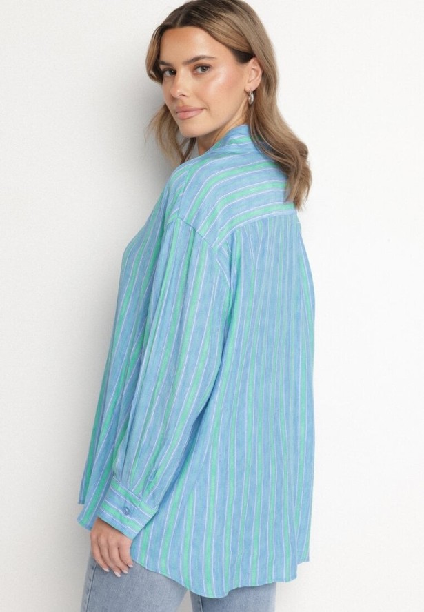 Niebieska Koszula z Wiskozą Ozdobiona Paskami Liavona