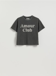 Krótki t-shirt z nadrukiem - ciemnoszary