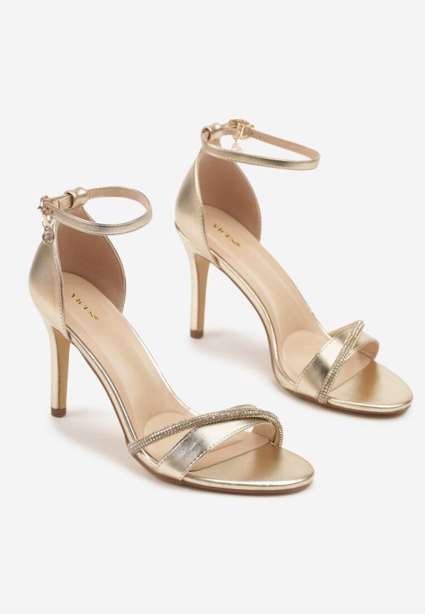 Złote Sandały na Szpilce Vices z Cyrkoniami Linoriela