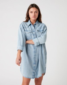 WRANGLER DENIM WESTERN DRESS DAMSKA SUKIENKA LIGHT INDIGO W9P6LWX4E 112132456