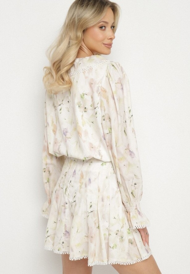 Beżowo-Żółty Wiskozowy Komplet z Falbankami Bluzka i Spódnica Istebia
