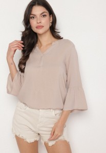 Ciemnobeżowa Wiskozowa Bluzka z Falbankami przy Rękawach Tialavelle
