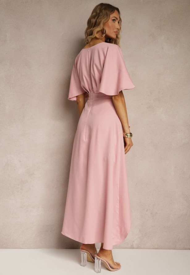 Różowa Asymetryczna Sukienka Koktajlowa Vices Ozdobiona Falbanką Nelioraia