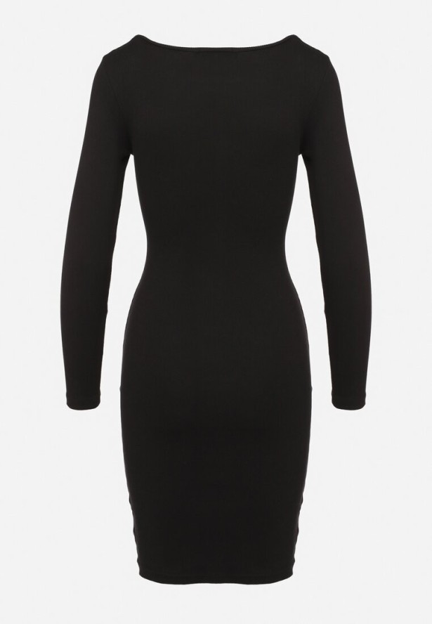 Czarna Prążkowana Sukienka Dopasowana z Bawełny z Ozdobną Wstawką przy Dekolcie Delamith