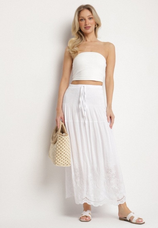 Biała Spódnica Bawełniana Rozkloszowana z Ażurowym Dołem Divilua