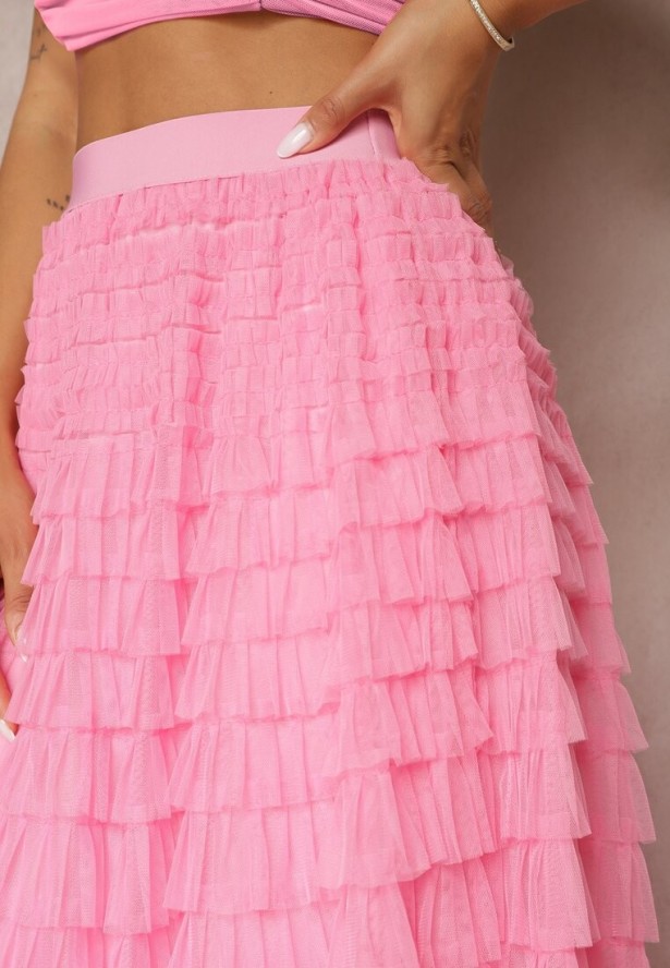 Różowa Spódnica Tiulowa z Gumką w Talii Ozdobiona Falbanami Missalisha