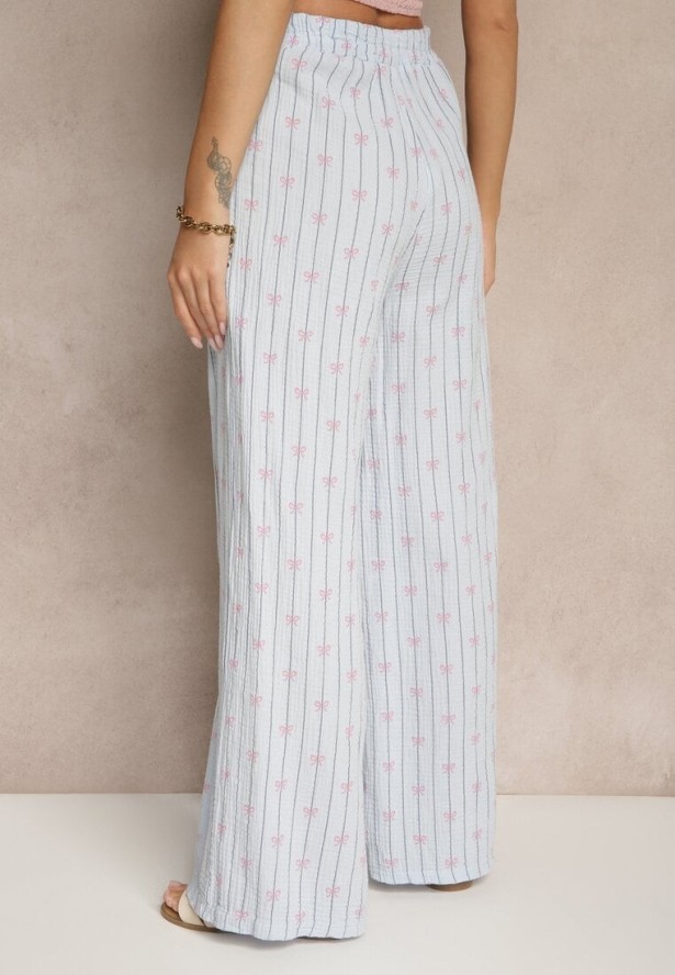 Niebieskie Bawełniane Spodnie Szerokie High Waist w Paski i Kokardy Reivira