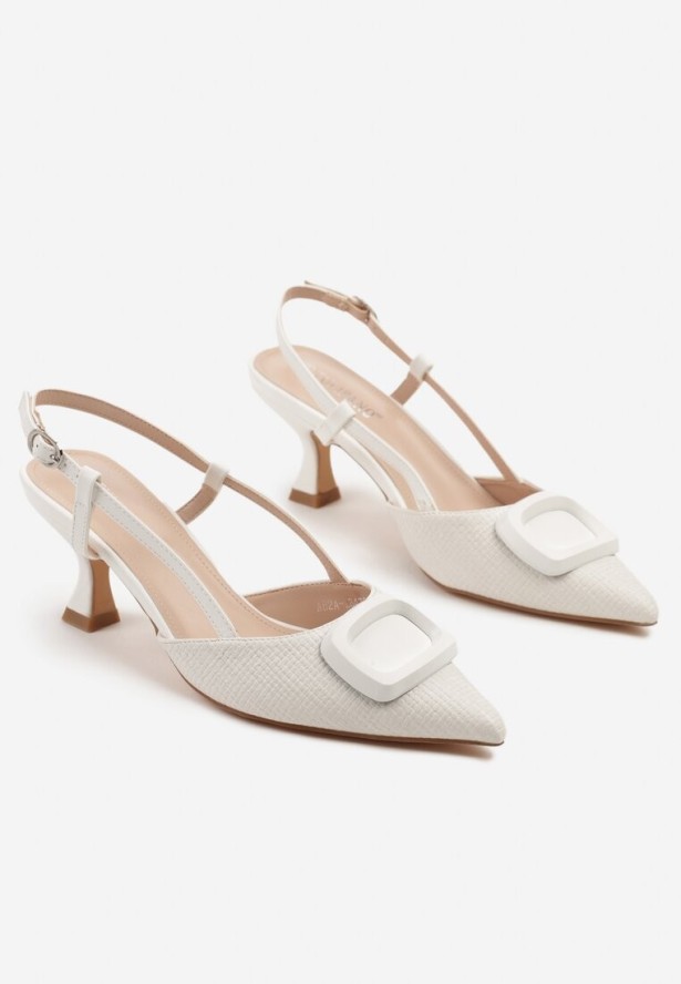 Białe Sandały Tweedowe na Kaczuszce Slingback Ozdobione Aplikacją Rosaviela