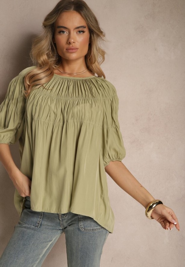 Zielona Bluzka z Wiskozą o Fasonie Oversize z Gumkami w Ramionach Alirona