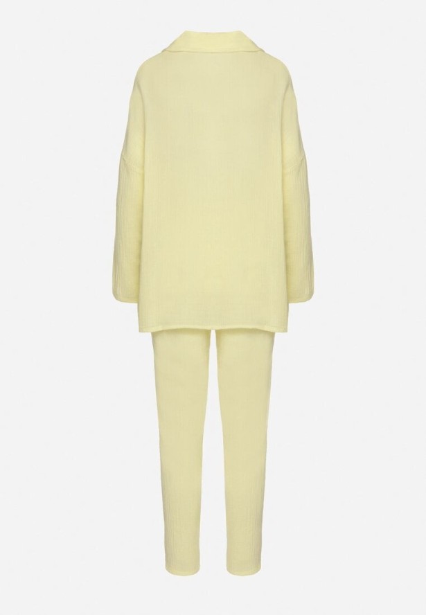 Żółty Bawełniany Komplet Muślinowy Koszula z Regulowanymi Rękawami i Spodnie Janilene