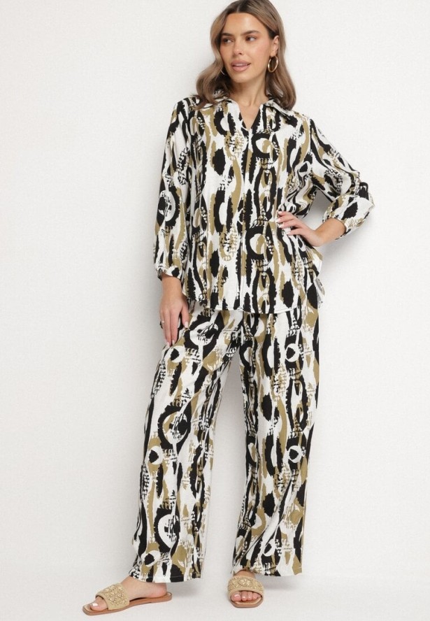Czarno-Beżowy Komplet z Wiskozą w Abstrakcyjny Wzór Koszulowa Bluzka i Spodnie Sarivone