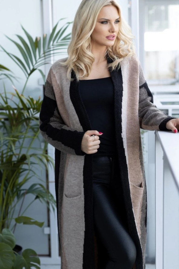 Długi wielokolorowy kardigan płaszczyk Black/Cappuccino