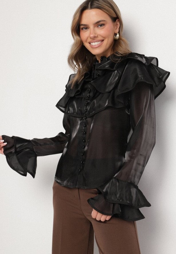 Czarna Koszula z Ozdobnymi Falbankami Edianessea
