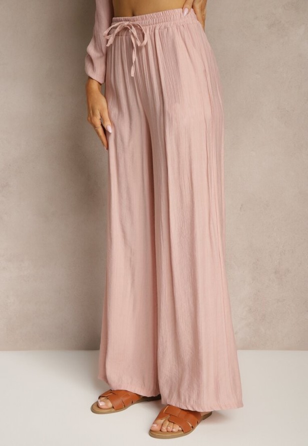 Różowy Komplet z Wiskozy w Stylu Oversize Szerokie Spodnie i Luźna Koszula na Guziki Natinne