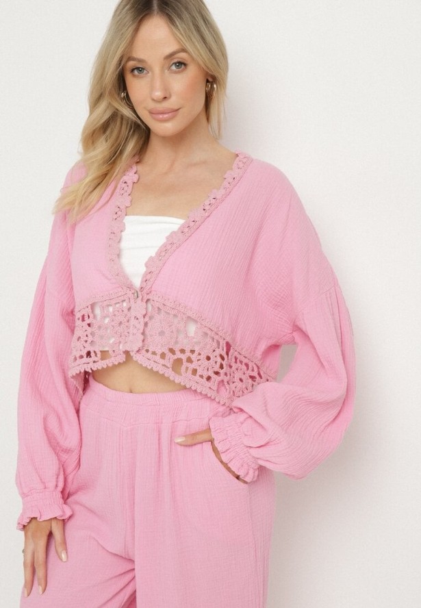 Różowy Bawełniany Komplet z Ażurowymi Zdobieniami Bluzka i Spodnie Palaniela