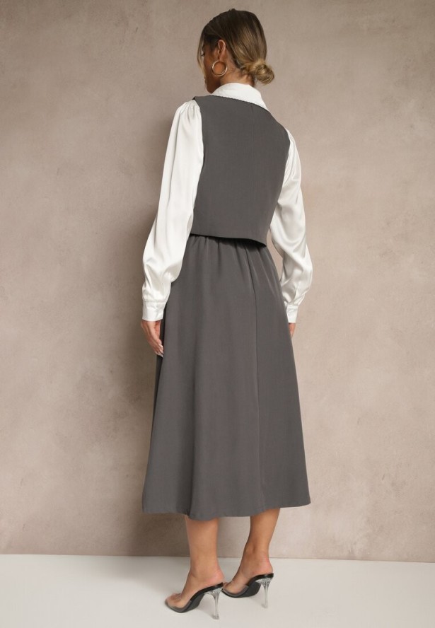 Szary 3- Częściowy Komplet Spódnica Kamizelka z Guzikami Koszula Ozdobiona Wiązaniem Avanessae