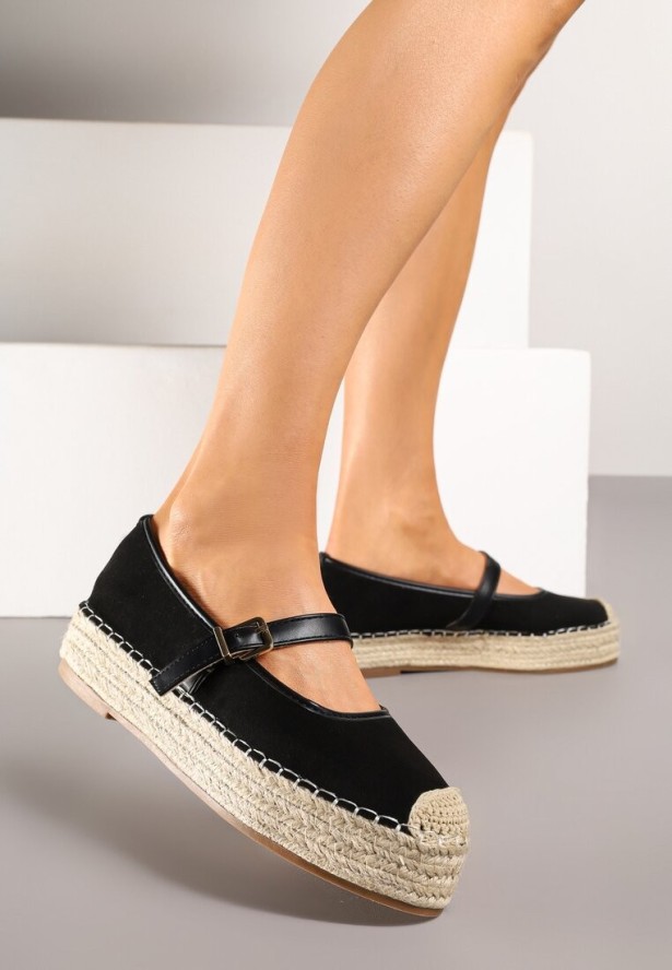 Czarne Espadryle z Plecionką i Paskiem Fevolise