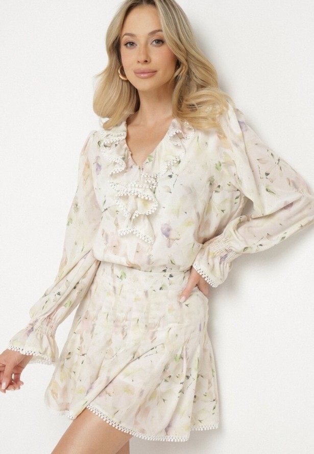 Beżowo-Żółty Wiskozowy Komplet z Falbankami Bluzka i Spódnica Istebia