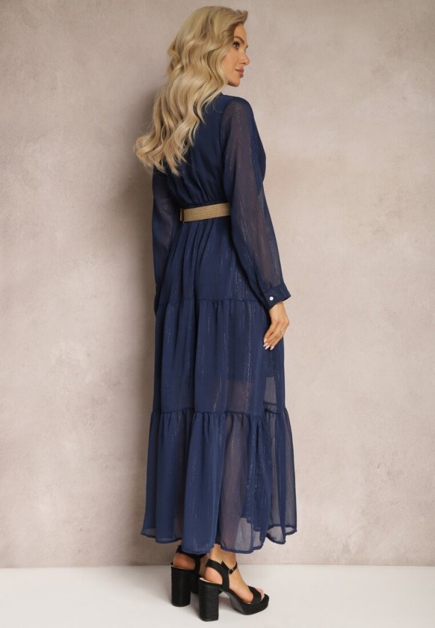 Granatowa Sukienka z Kopertowym Dekoltem i Plecionym Paskiem Velo