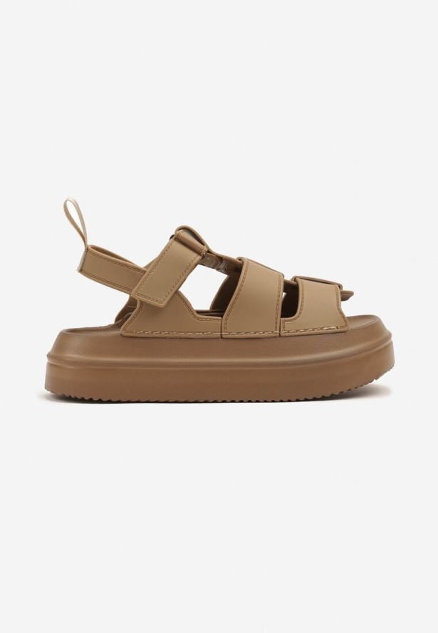 Ciemnobeżowe Sandały w Stylu Gladiatorek z Rzepem Faliniela