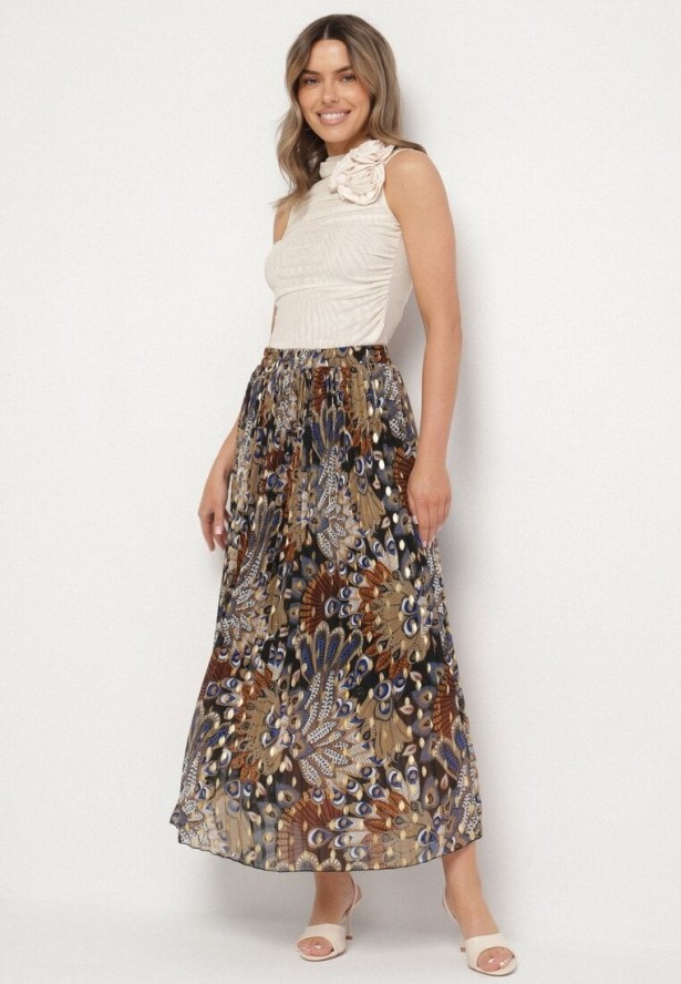 Czarna Plisowana Spódnica z Metalicznym Nadrukiem Firolene