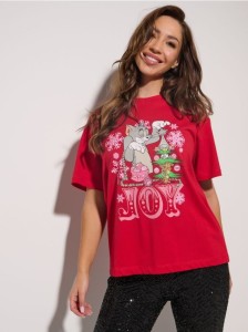 Koszulka z motywem świątecznym Tom and Jerry - czerwony