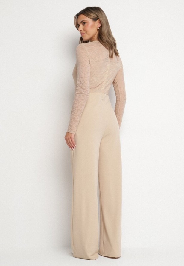 Jasnobeżowy Koronkowy Kombinezon z Wiskozą z Szerokimi Nogawkami Ninarena