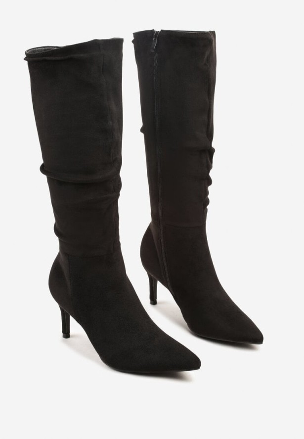 Czarne Marszczone Kozaki z Imitacji Zamszu na Obcasie Typu Szpilka Rilavira