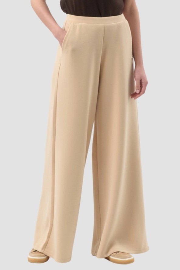 GUESS Beżowe damskie spodnie dresowe Olympe Wide Leg, Rozmiar M