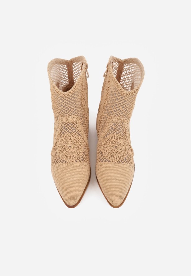 Ciemnobeżowe Ażurowe Botki Kowbojki VICES na Niskim Obcasie Azimessa