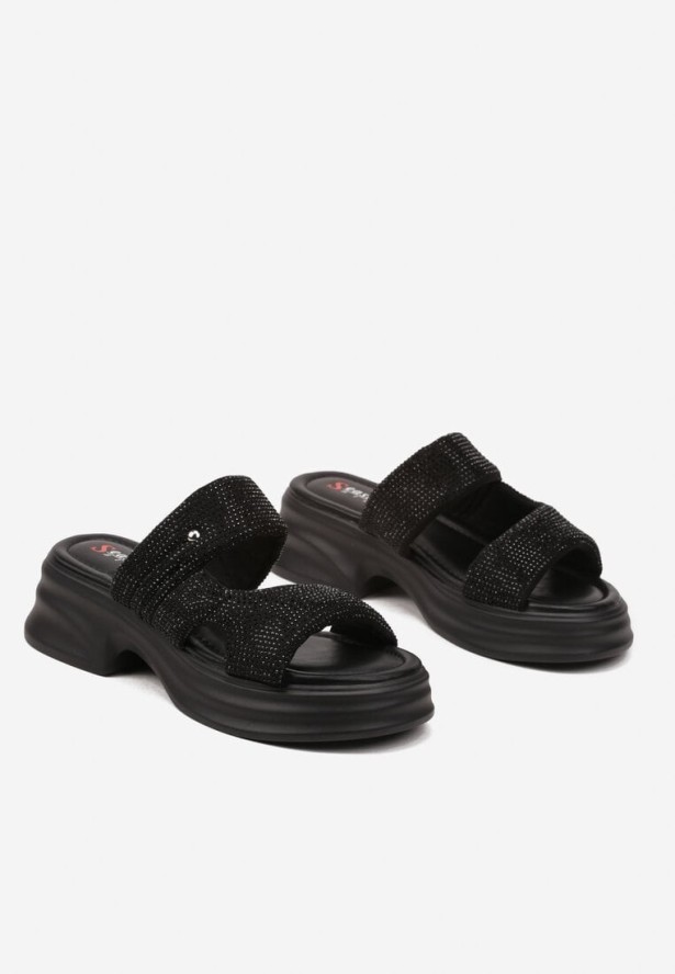 Czarne Klapki na Grubej Podeszwie Ozdobione Cyrkoniami i Wycięciami Kalivna