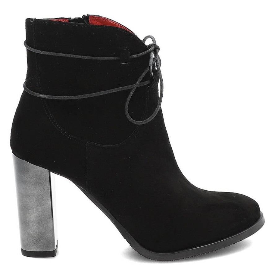 Czarne Botki Karino Eleganckie Skórzane Buty Na Obcasie