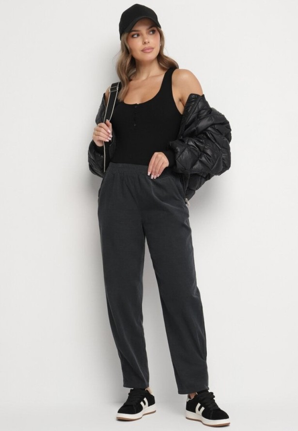 Ciemnoszare Bawełniane Spodnie z Wysokim Stanem Melili