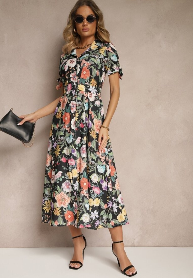 Czarna Koszulowa Sukienka w Kwiaty o Rozkloszowanym Fasonie z Paskiem Fevalirra