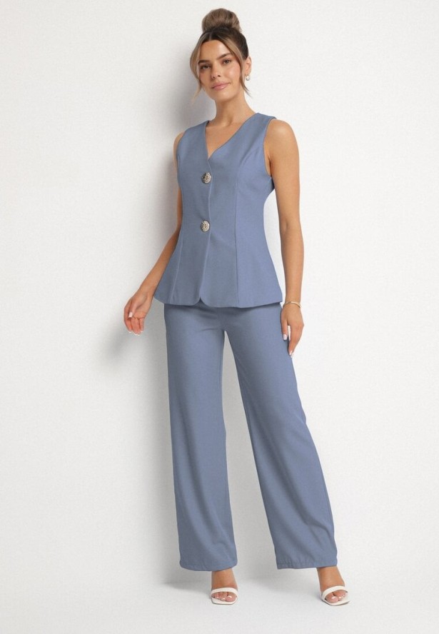 Niebieski Komplet w Stylu Garniturowym z Kamizelką i Klasycznymi Spodniami Ronthia
