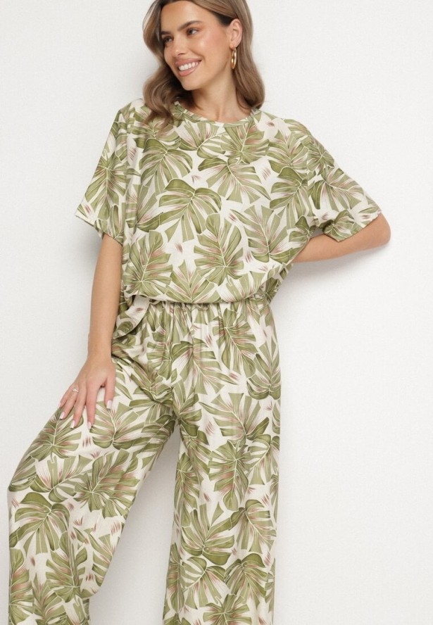 Ciemnozielony Wiskozowy Komplet z Motywem Roślinnym Szerokie Spodnie i T-shirt Evianira