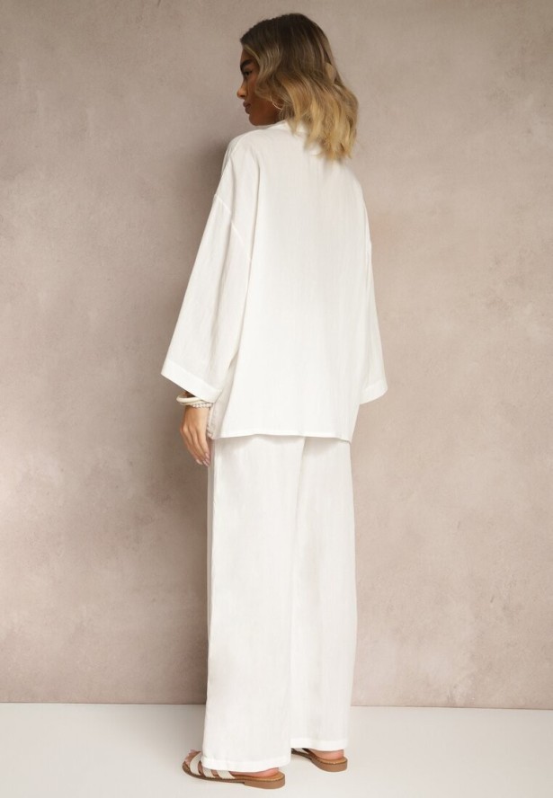 Biały Komplet z Wiskozy Spodnie o Szerokim Kroju i Koszula Novesca