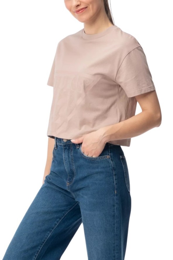 GUESS Różowy bawełniany t-shirt damski Adele Crop, Rozmiar XL